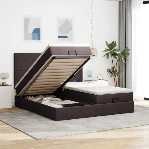 Estructura Cama Otomana Colchones Tela Marrón Oscuro 160x200 cm