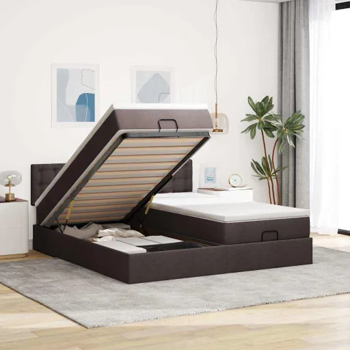 Estructura Cama Otomana Colchones Tela Marrón Oscuro 160x200 cm