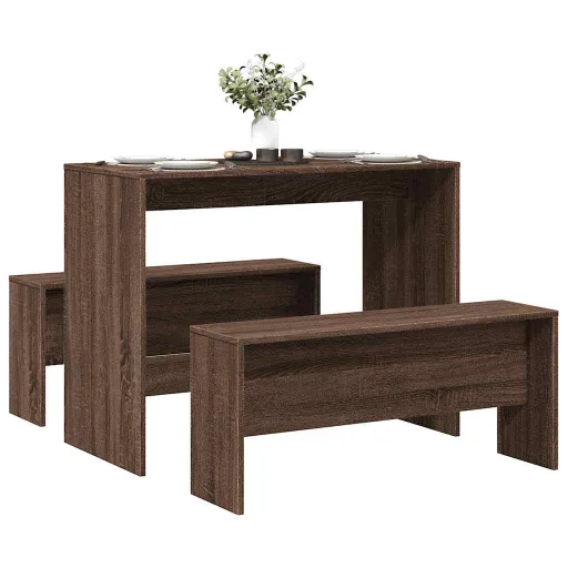 Mesa y Bancos de Comedor 3 Pzas Madera Ingeniería Roble Marrón