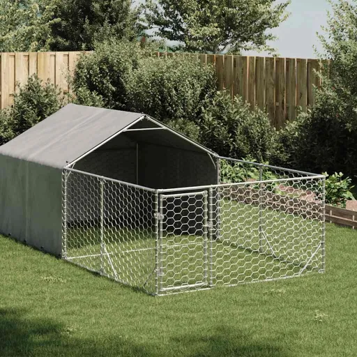 Caseta Perros Exterior Con Corral 4x2x1,5 m Acero Galvanizado