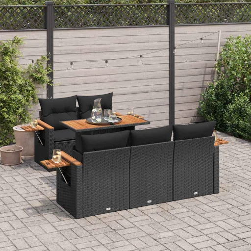 Set Sofás Jardín y Cojines 6 Pzas Ratán Sintético Acacia Negro