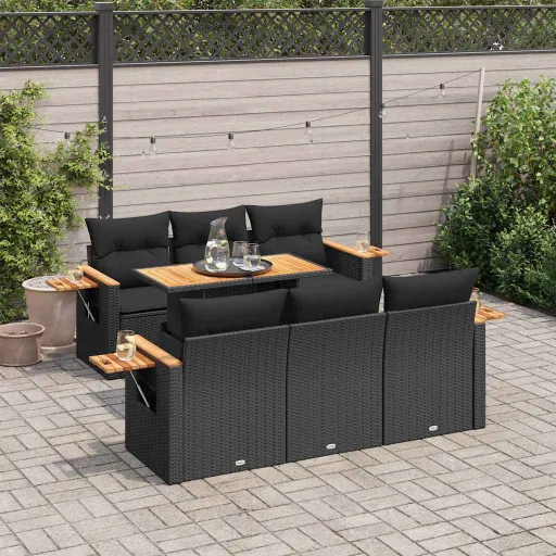 Set Sofás Jardín y Cojines 7 Pzas Ratán Sintético Acacia Negro