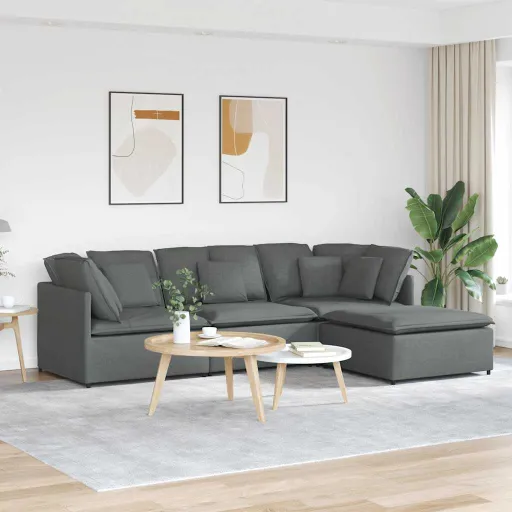 Sofá Modular Con Reposapiés y Cojines de Tela Gris Oscuro