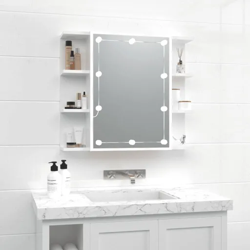 Mueble Con Espejo y Luces LED Blanco Brillante 70x16,5x60 cm