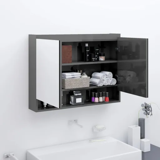 Armario de Baño Con Espejo MDF Gris Brillante 80x15x60 cm