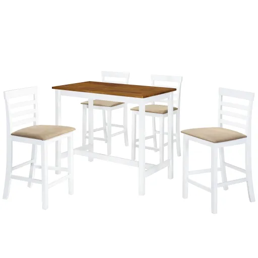 Set Mesa y Sillas de Bar 5 Piezas Madera Maciza Marrón y Blanco