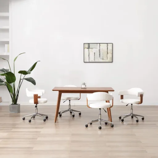 Sillas de Comedor Giratorias 4 Uds Madera Curvada Cuero Blanco