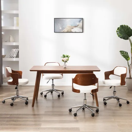 Sillas de Comedor Giratorias 4 Uds Madera Curvada Cuero Blanco