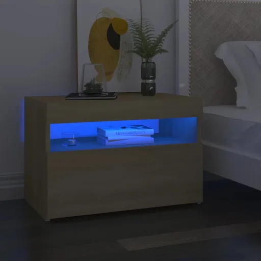 Mesita de Noche Con Luces LED Contrachapada Sonoma 60x35x40 cm