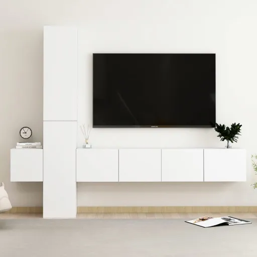 Set de Muebles de Salón TV 5 Piezas Madera de Ingeniería Blanco