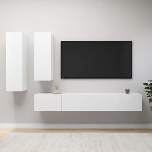 Set de Muebles de Salón TV 4 Piezas Madera de Ingeniería Blanco