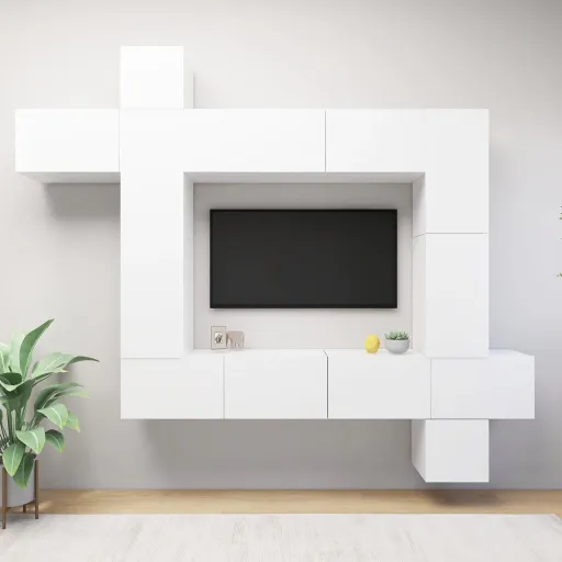 Set de Mueble Para TV de 9 Piezas Madera de Ingeniería Blanco