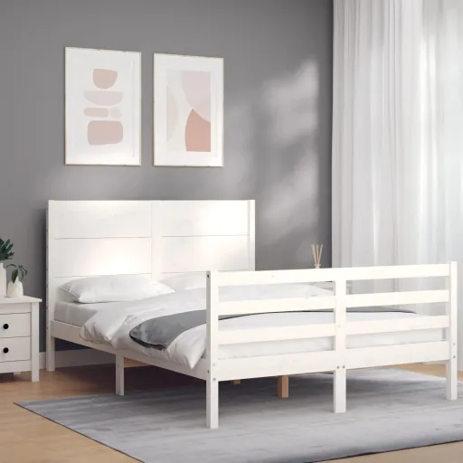 Estructura de Cama Con Cabecero Madera Maciza Blanco 140x190 cm