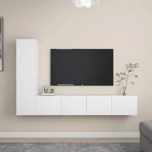 Set de Muebles de Salón TV 4 Piezas Madera de Ingeniería Blanco