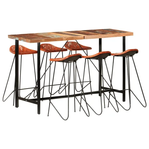 Muebles de Bar 7 Piezas Madera Maciza Reciclada Cuero Auténtico