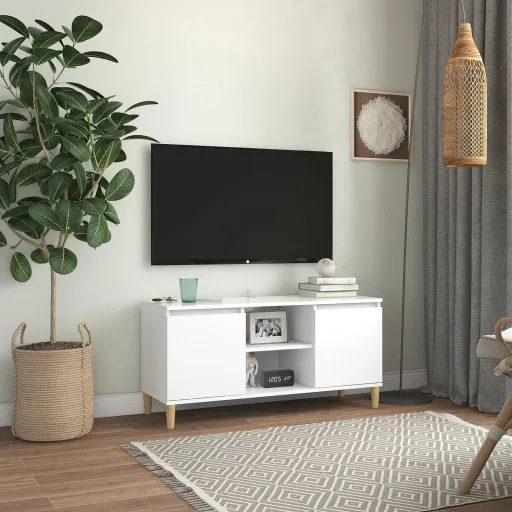 Mueble de TV Con Patas de Madera Maciza Blanco 103,5x35x50 cm