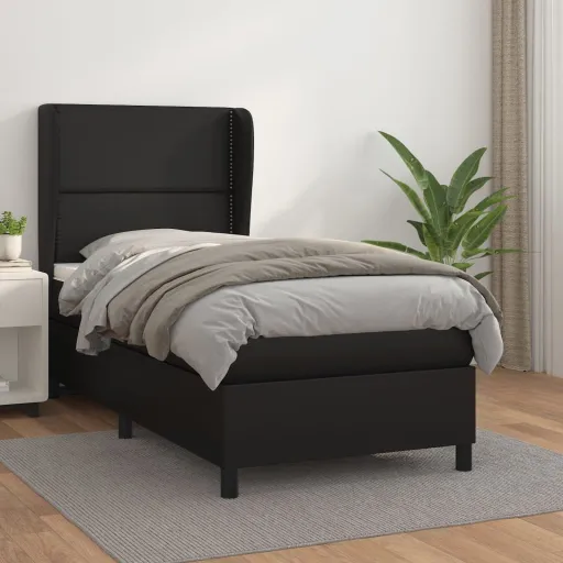 Cama Box Spring Con Colchón Cuero Sintético Negro 90x190 cm