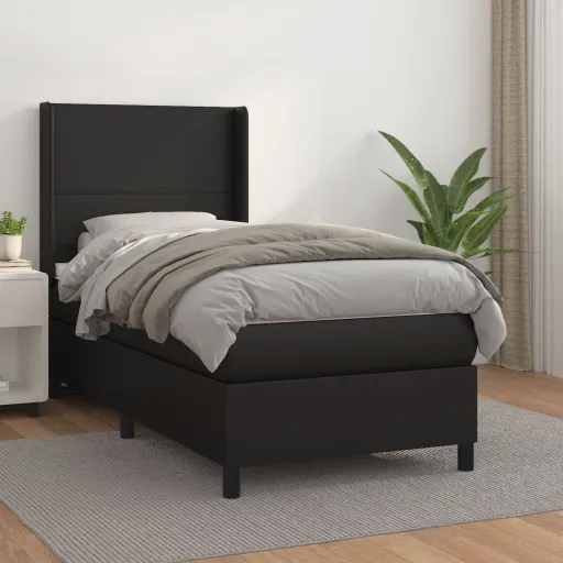 Cama Box Spring Con Colchón Cuero Sintético Negro 100x200 cm