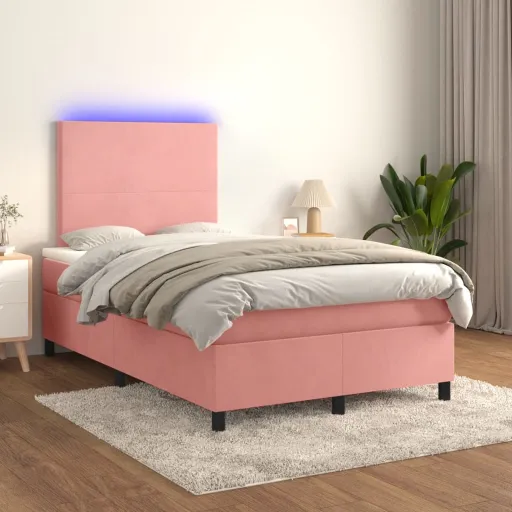 Cama Box Spring Colchón y LED Terciopelo Rosa 120x200 cm