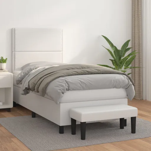 Cama Box Spring Con Colchón Cuero Sintético Blanco 90x190 cm