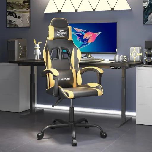 Silla Gaming Giratoria Cuero Sintético Negro y Dorado