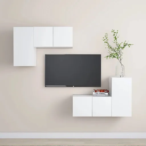 Set de Muebles de Salón TV 4 Piezas Madera de Ingeniería Blanco