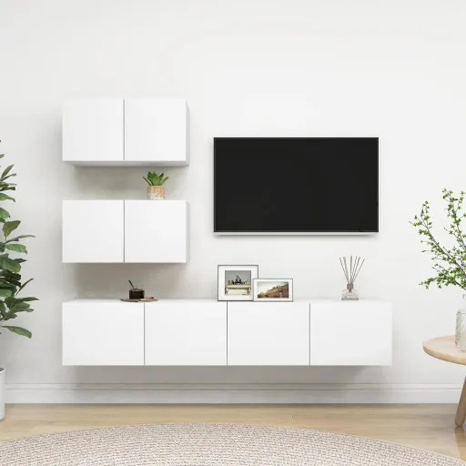 Set de Muebles de Salón TV 4 Piezas Madera de Ingeniería Blanco