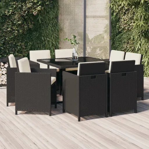 Set de Comedor de Jardín 9 Pzas y Cojines Ratán Sintético Negro