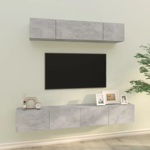 Set de Muebles de TV 4 Pzas Madera Contrachapada Gris Hormigón