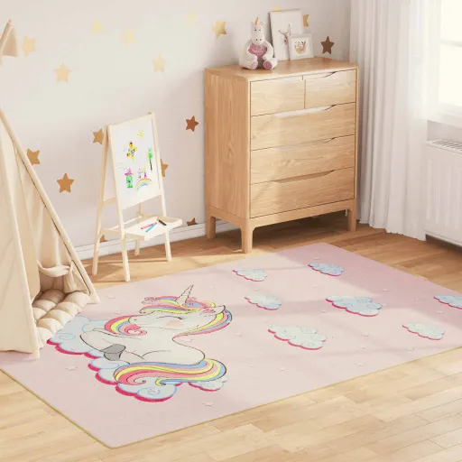 Alfombra Niños Lavable Antideslizante Unicornio Rosa 160x230 cm