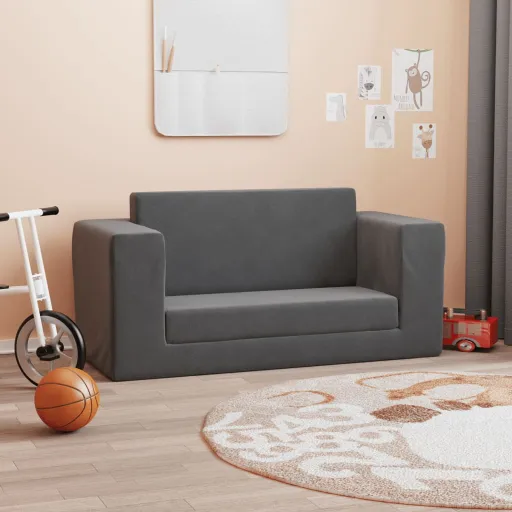 Sofá Cama de Niños 2 Plazas Felpa Suave Gris Antracita