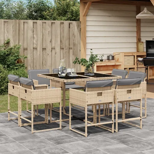 Set Comedor de Jardín 9 Pzas Con Cojines Ratán Sintético Beige