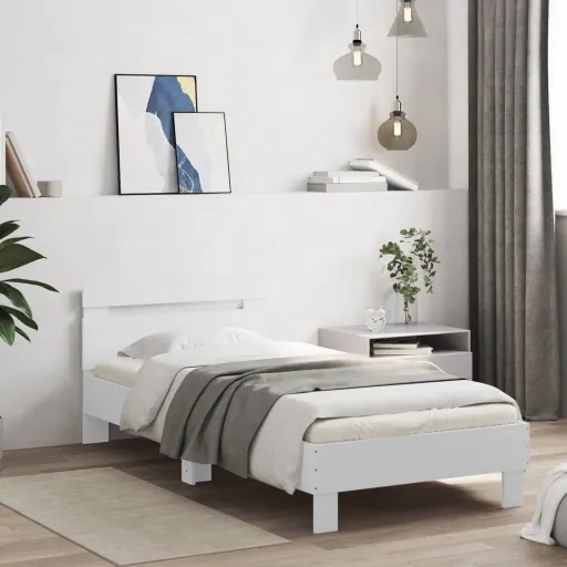 Estructura Cama Con Cabecero Madera Ingeniería Blanca 75x190 cm
