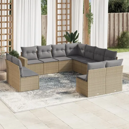 Set de Sofás de Jardín 11pzas Con Cojines Ratán Sintético Beige