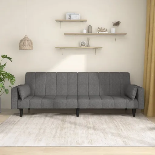 Sofá Cama de 2 Plazas Con Dos Almohadas Tela Gris Claro