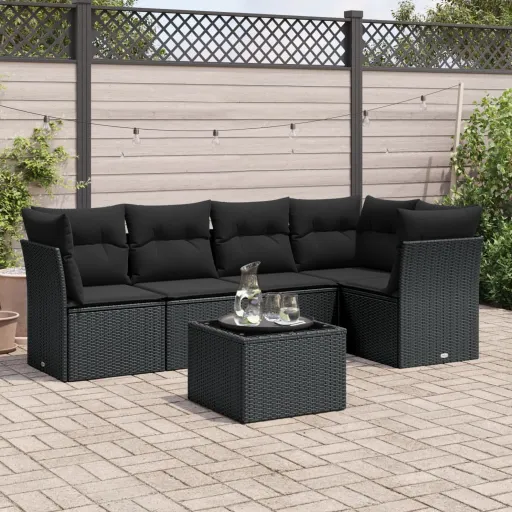 Set de Sofás de Jardín 6 Piezas y Cojines Ratán Sintético Negro