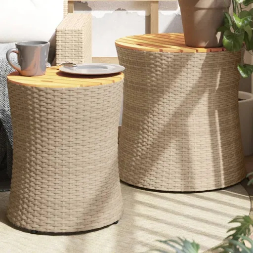 Mesas Auxiliares Jardín 2 Pzas Superficie de Madera Ratán Beige