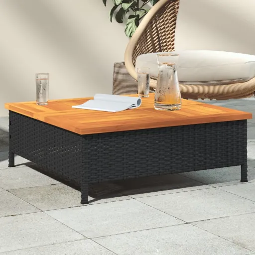 Mesa de Jardín Ratán y Madera de Acacia Negro 70x70x25 cm
