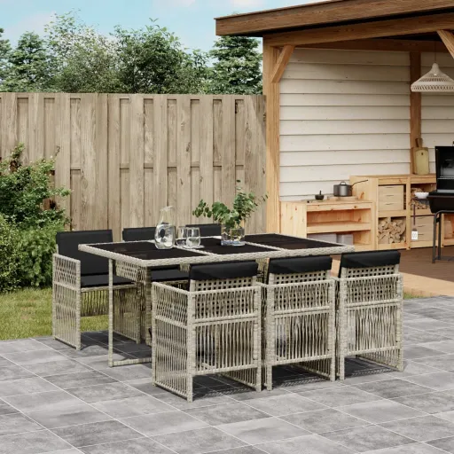 Set Comedor Jardín 7 Pzas y Cojines Ratán Sintético Gris Claro