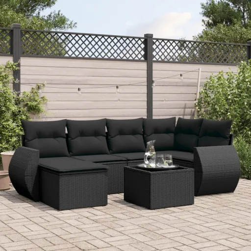 Set de Comedor de Jardín 7 Pzas y Cojines Ratán Sintético Negro