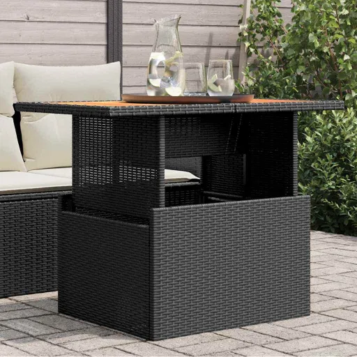 Mesa de Jardín Ratán PE y Madera de Acacia Negro 100x55x73 cm