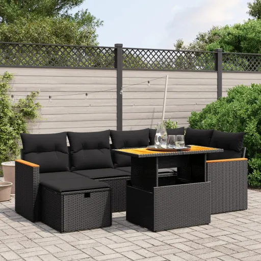 Set de Comedor de Jardín 7 Pzas y Cojines Ratán Sintético Negro