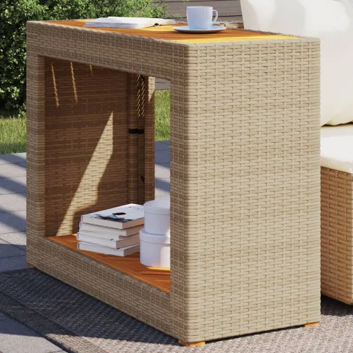 Mesa Auxiliar Jardín Tapa Madera Ratán PE Beige 100x40x75 cm