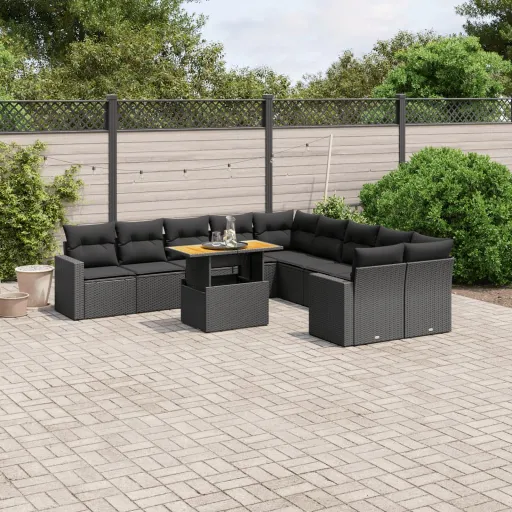 Set de Sofás de Jardín 11 Pzas y Cojines Ratán Sintético Negro