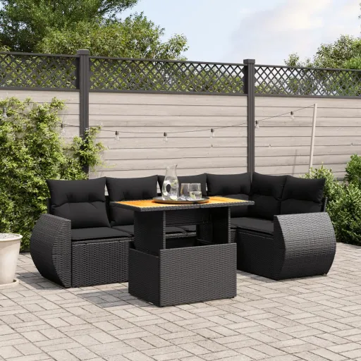 Set de Sofás de Jardín 6 Piezas y Cojines Ratán Sintético Negro