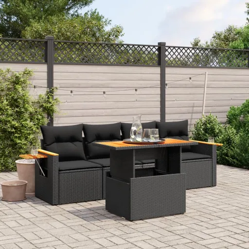 Set de Muebles de Jardín 5 Pzas y Cojines Ratán Sintético Negro