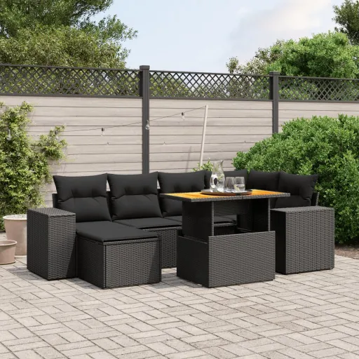 Set de Comedor de Jardín 7 Pzas y Cojines Ratán Sintético Negro