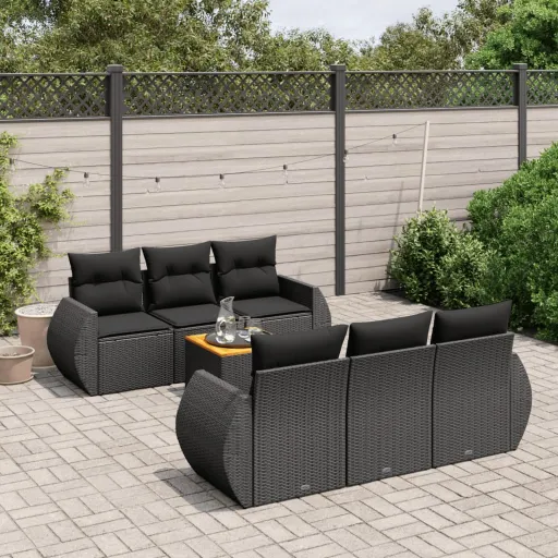 Set de Comedor de Jardín 7 Pzas y Cojines Ratán Sintético Negro