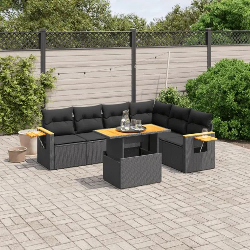 Set de Comedor de Jardín 7 Pzas y Cojines Ratán Sintético Negro
