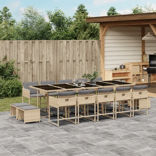 Set Comedor de Jardín Con Cojines 15 Pzas Ratán Sintético Beige
